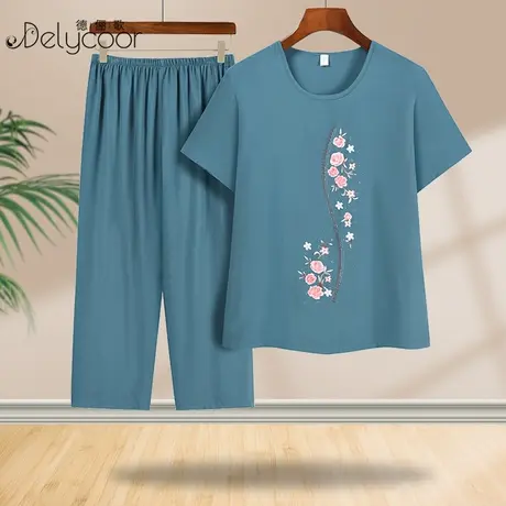 中老年女装夏款妈妈棉绸套装中式短袖T恤奶奶装老人家居服两件套商品大图