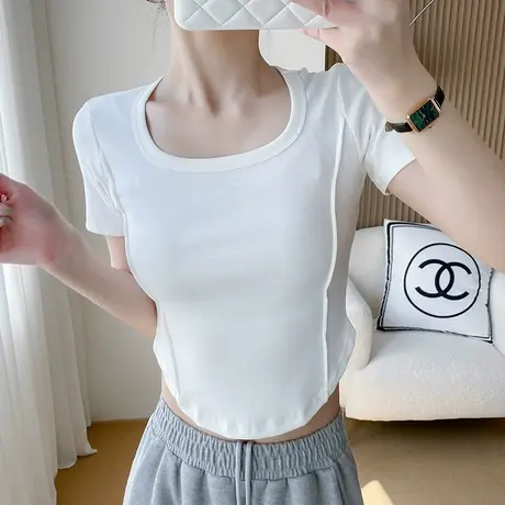 人鱼腰线方领短袖t恤女扇形下摆显瘦短款露腰夏季百搭上衣纯棉潮商品大图