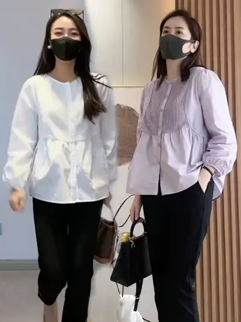 时尚设计圆领针织拼接褶皱泡泡长袖衬衫上衣娃娃衫宽松休闲衬衣女图片