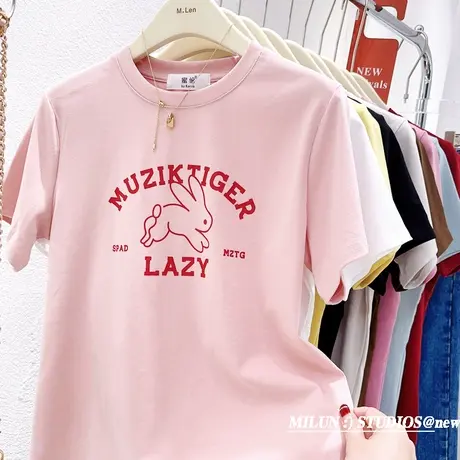 小个子显高短袖上衣韩版春夏款ins兔子印花正肩T恤纯棉休闲打底衫商品大图