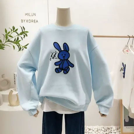 韩国东大门粉色卫衣2022春季新款ins甜美兔子慵懒上衣打底衫大码商品大图