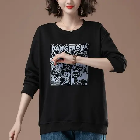 卫衣女春秋薄款加肥加大码女装宽松显瘦中年妈妈圆领卡通印花上衣商品大图