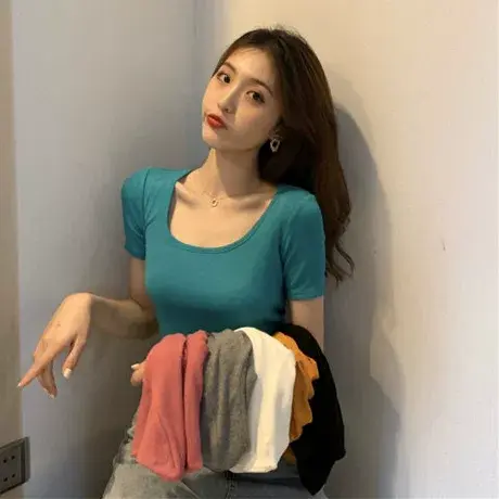 设计感chic短袖T恤女夏季方领打底衫辣妹修身短款露脐别致上衣潮商品大图
