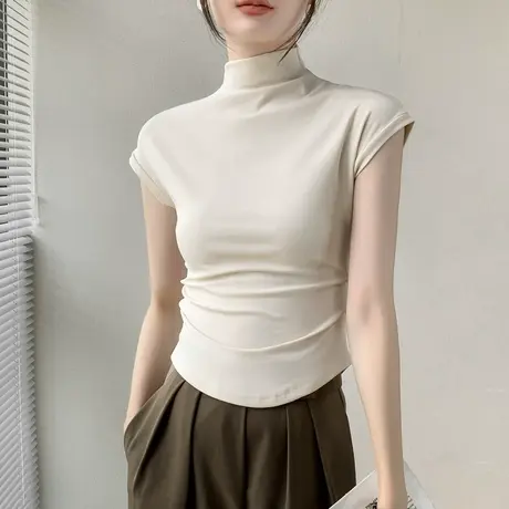 半高领飞飞袖T恤女2025春季纯色U型下摆遮肚子西装内搭短袖打底衫图片