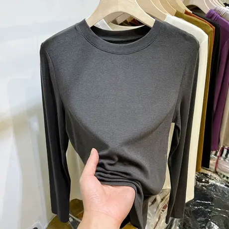 欧货纯色百搭柔软亲肤圆领长袖T恤女2022秋冬新款内搭打底衫上衣商品大图