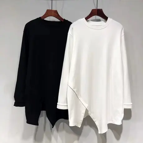 不规则开叉长袖T恤女春秋装大码宽松显瘦中长款纯棉打底衫上衣服商品大图