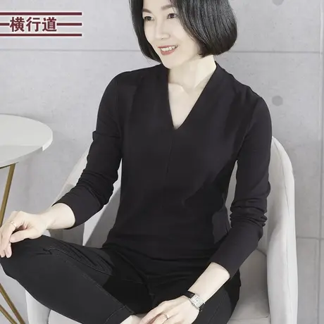 2024新款春季V领修身纯色长袖T恤女装妈妈大码显瘦简约打底衫上衣商品大图