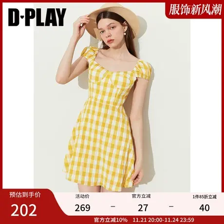 DPLAY夏新罗马假日度假风黄白格纹立体胸杯格子小个子连衣裙图片