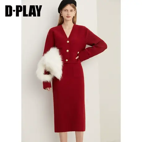 DPLAY秋冬红色毛衣女含羊毛长袖针织开衫搭配半裙套装气质套裙图片