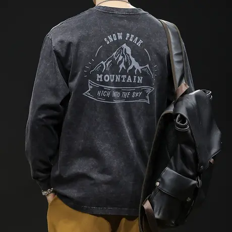 复古水洗长袖t恤男纯棉潮牌宽松大码春季2024新款男士重磅春秋款图片