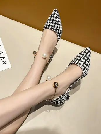 法式高跟鞋女2023年秋款尖头气质仙女风浅口细跟单鞋千鸟格女凉鞋商品大图