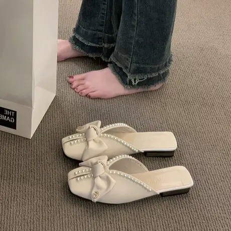 包头半拖鞋女夏季外穿2024年新款韩版蝴蝶结珍珠平底软底鱼嘴凉拖商品大图