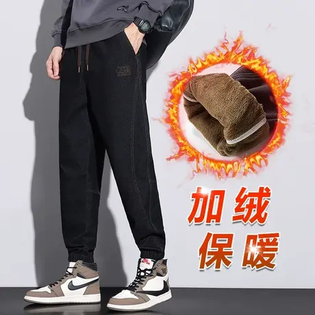 男装加肥加大码胖子束脚牛仔工装冬季加绒加厚保暖休闲裤子秋冬款图片