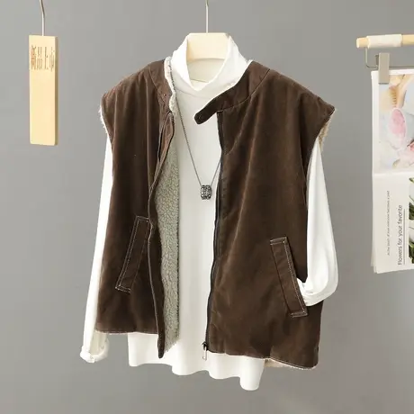 洋气复古加厚羊羔毛马甲外套女秋冬新款百搭棉坎肩背心厚无袖上衣商品大图