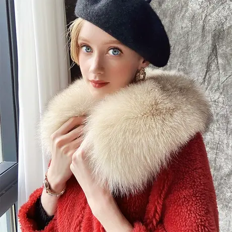 粉红大布娃娃羊羔毛外套女过年战袍颗粒绒狐狸毛领皮草大衣商品大图