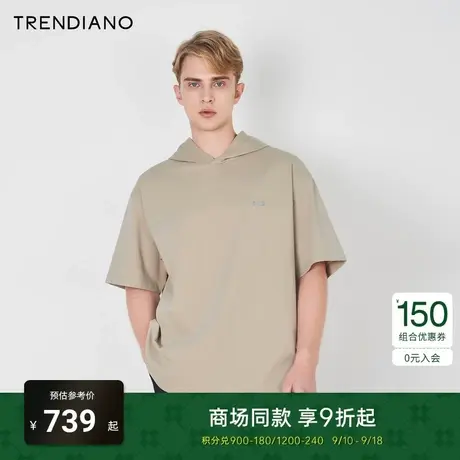 TRENDIANO官方2023新款夏季长绒棉拼接印花宽松连帽短袖t恤潮商品大图