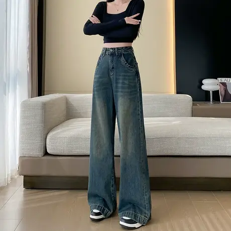 复古怀旧直筒牛仔阔腿裤女2024春秋季宽松高腰显瘦百搭窄版拖地裤图片