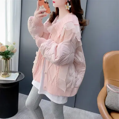 学院风减龄夹棉拼接娃娃领毛衣开衫女秋冬外穿洋气时尚设计感外套商品大图