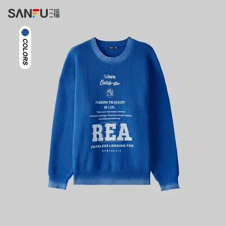 三福2024春季男士胸前喷绘印花毛衣 潮流街头圆领上衣男480937商品大图