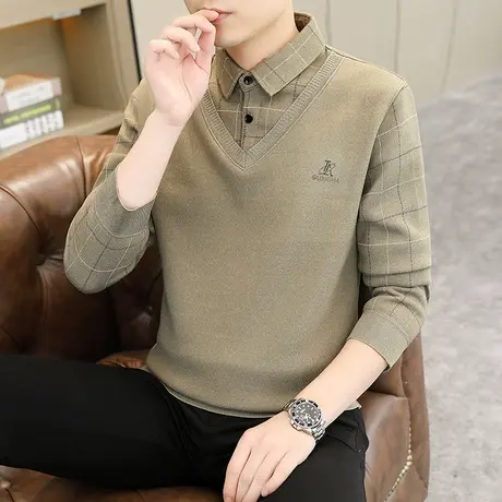 秋冬季假两件衬衫领毛衣男士加绒加厚带领针织打底衫假领保暖上衣商品大图