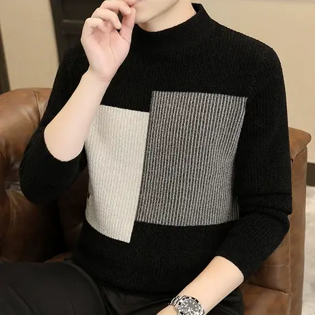 毛衣男秋冬季2023新款加厚保暖针织打底衫冬装潮牌半高领上衣服商品大图