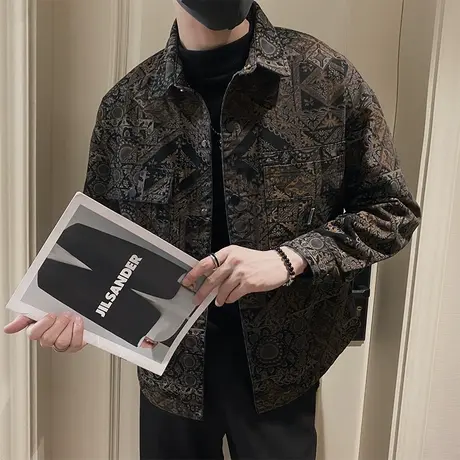 牛仔外套男秋季复古满印民族风高级感潮ins痞帅潮男花色夹克上衣商品大图