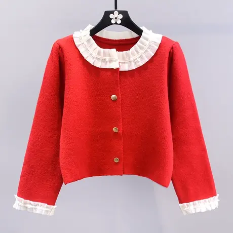 钉珠木耳边红色毛衣外套女冬季2023新款高级感外搭洋气针织开衫商品大图