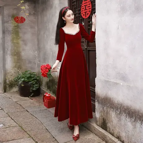 敬酒服2023新款新娘冬季长袖丝绒红色礼服惊艳红裙结婚订婚回门服图片
