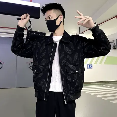 春秋季个性立体提花高级感翻领夹克男个性短款痞帅发型师外套上衣图片