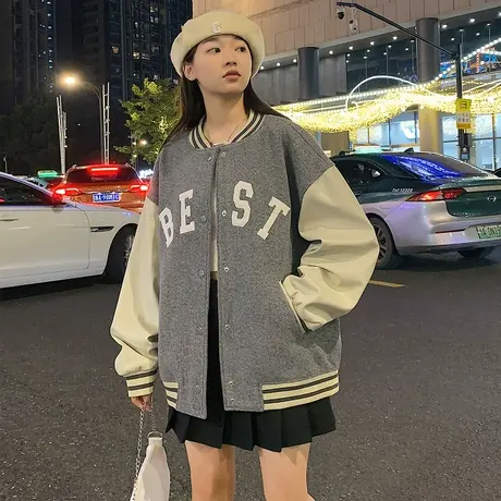 唐狮2023秋冬季新款pu皮棒球服女美式设计感超好看飞行员夹克上衣商品大图