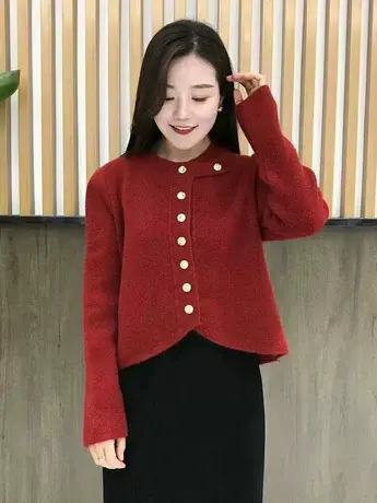 2024春季新款小香风软糯亮丝圆领针织衫上衣女新年红色毛衣开衫潮商品大图