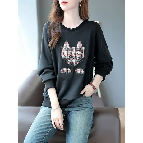 宝诗黎圆领刺绣钉珠宽松上衣女秋季落肩长袖纯棉百搭卫衣2023新款商品大图