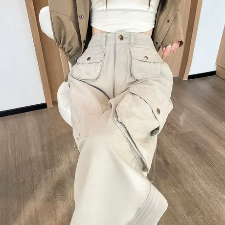 美式复古工装裤女2024年春秋新款直筒宽松阔腿高腰显瘦拖地牛仔裤图片