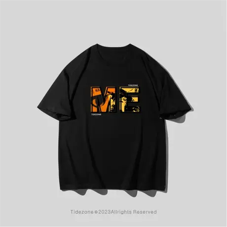 Ohlyah大码圆领彩色风景字母印花休闲t恤夏季美式复古宽松短袖男图片