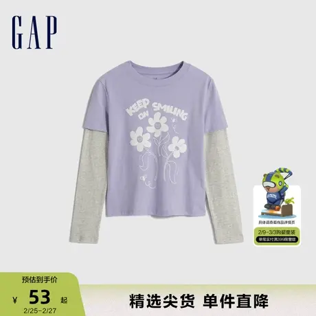 【断码优惠】Gap女幼童大童春秋纯棉假两件长袖T恤儿童装洋气上衣商品大图