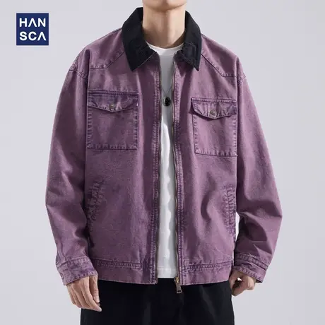 hansca美式复古牛仔外套男春秋季宽松潮牌新款帅气底特律工装夹克商品大图