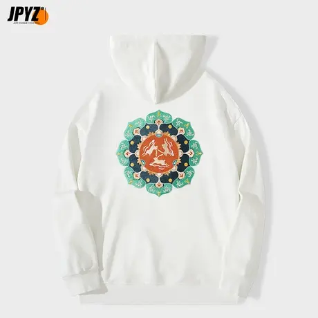 白色连帽卫衣男2022新款秋冬季帽衫套头上衣国潮刺绣潮流宽松外套商品大图