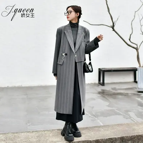 条纹西装大衣女2023秋季新款复古设计感时尚高级感中长款加厚外套商品大图