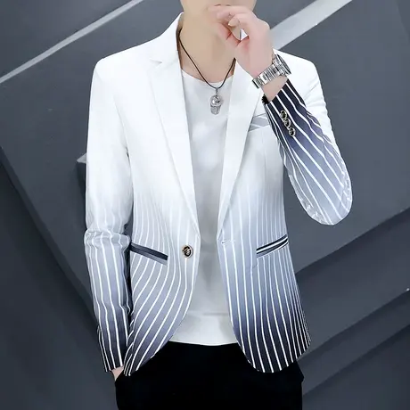 网红潮牌个性渐变色小西装外套男秋季ins韩版修身痞帅气条纹西服商品大图