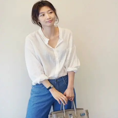 夏秋薄款棉麻衬衫女韩版宽松大码立领休闲时尚长袖亚麻衬衣空调衫商品大图