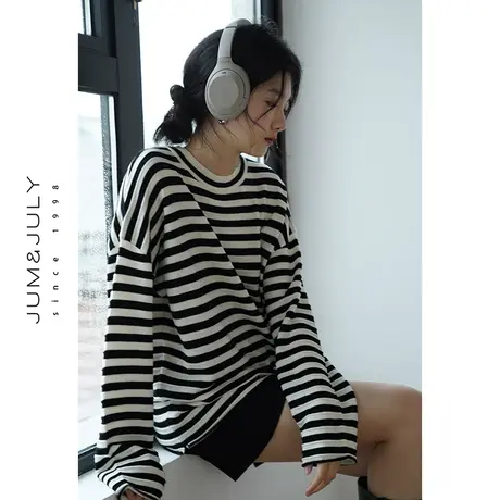 嘉茱莉2023秋季新款撞色条纹针织衫女圆领套头针织上衣短款打底衫商品大图