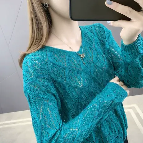 早秋毛衣女2023春秋新款韩版宽松V领镂空薄款针织上衣打底衫短款商品大图