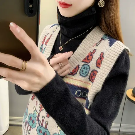 马甲背心针织秋装女2023年新款外穿宽松慵懒提花V领毛衣外套上衣商品大图