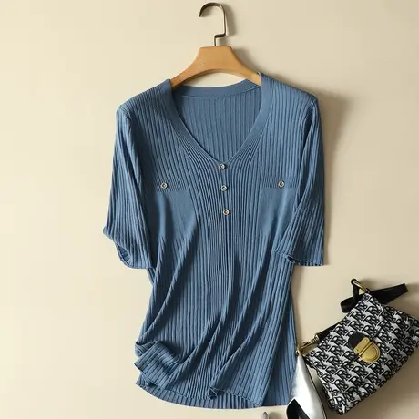 冰丝针织衫女装夏季2022年新款V领宽松套头短袖t恤女打底薄款上衣商品大图