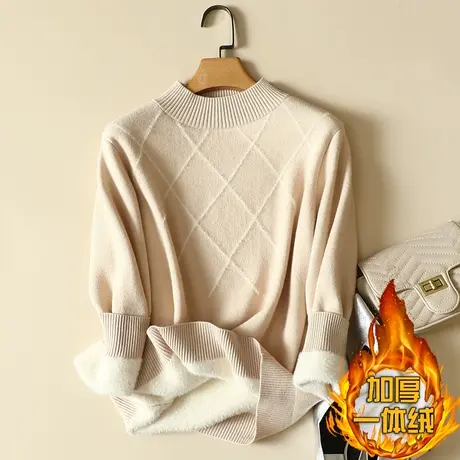 秋冬加绒毛衣女加厚一体绒内搭宽松半高领套头打底针织衫保暖上衣商品大图