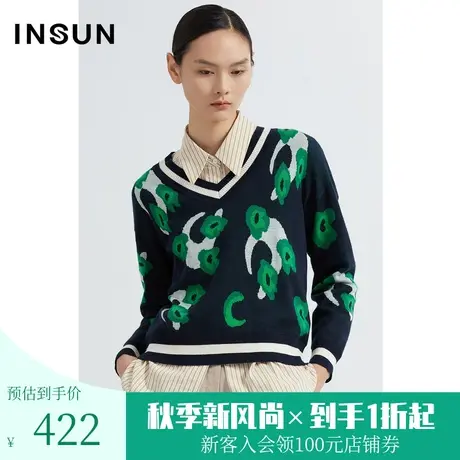 恩裳2023年早春新品撞色提花V领针织衫女装复古印花毛衣商品大图