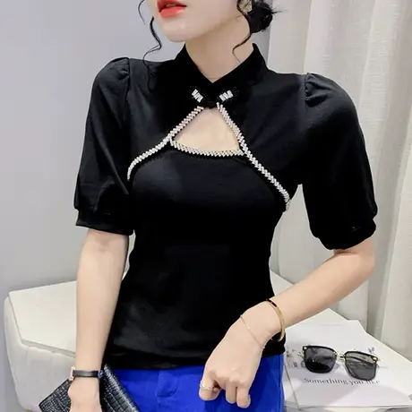 复古泡泡袖T恤女短袖夏季时尚洋气盘扣小衫性感镂空上衣设计感ins商品大图