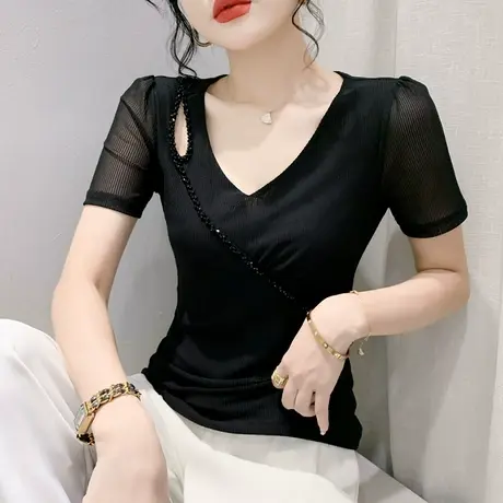 性感露肩T恤短袖女欧货时尚洋气V领小衫设计感网纱钉珠上衣夏装潮商品大图