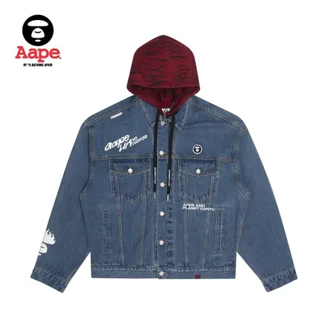 Aape旗舰店男装秋冬撞色刺绣印花连帽拼接牛仔夹克外套7447XXH商品大图