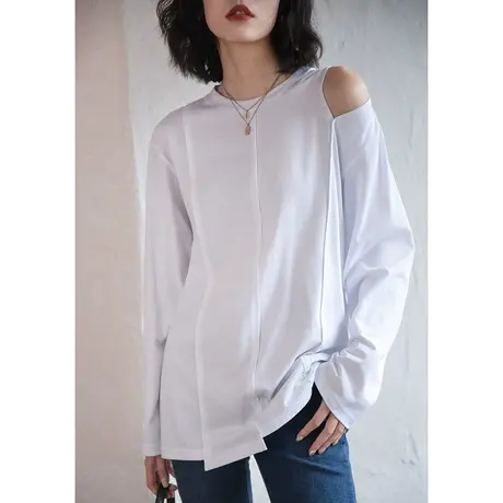 弥古白色露肩纯棉t恤长袖不规则上衣女小众设计感秋季内搭打底衫图片